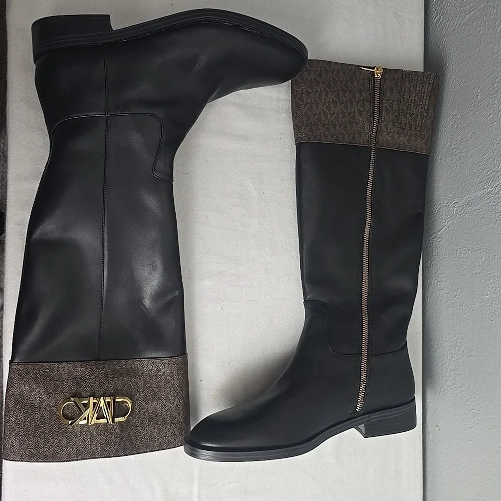 Michael‎ Kors Parker Logo Knee-High Boots Womens Size 10M Leather Gold Monogram